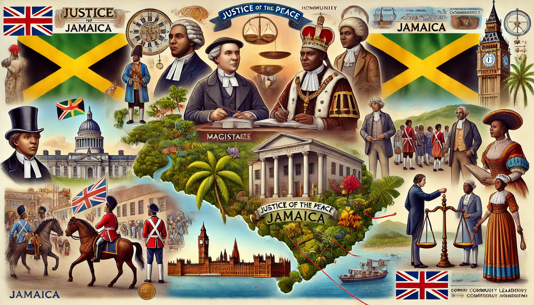 Here is the illustration montage representing the history of the Justice of the Peace in Jamaica and its connections to Britain. It highlights key historical and cultural elements from colonial times to modern governance.